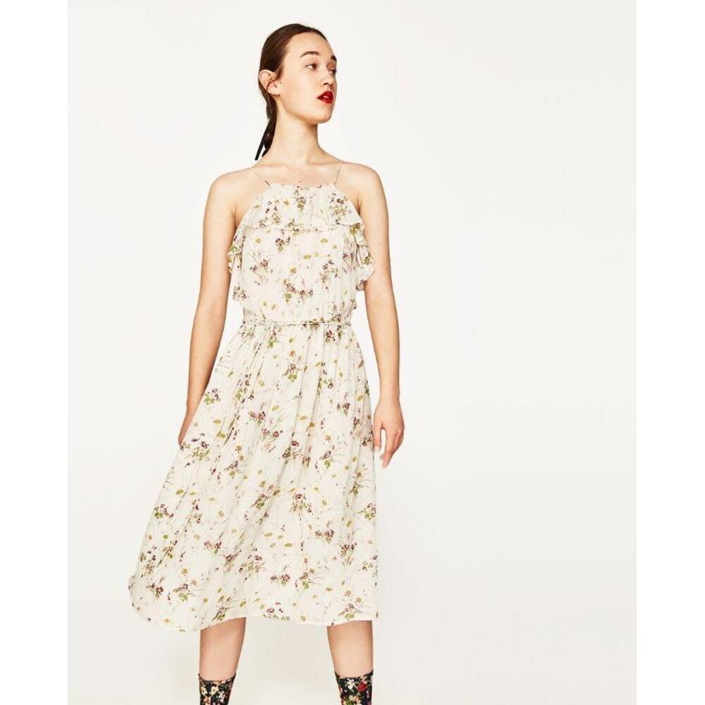 Zara Cottage Core Spaghetti Strap White Summer Ruffled Floral Midi Dress XS